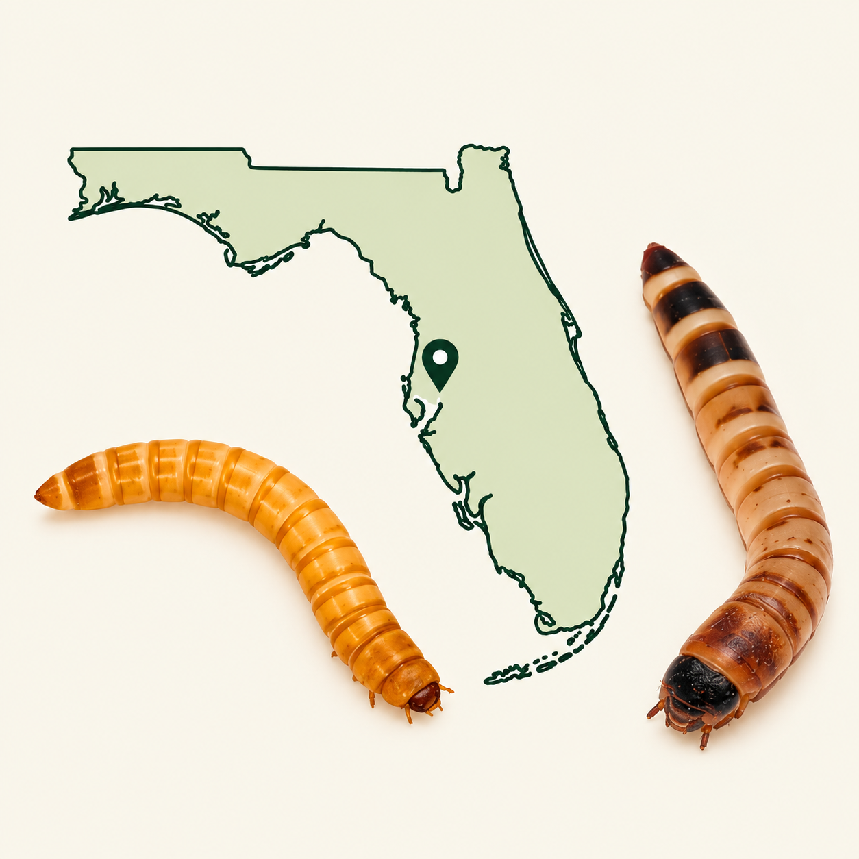 Illustration of Florida with a location marker, a mealworm, and a superworm